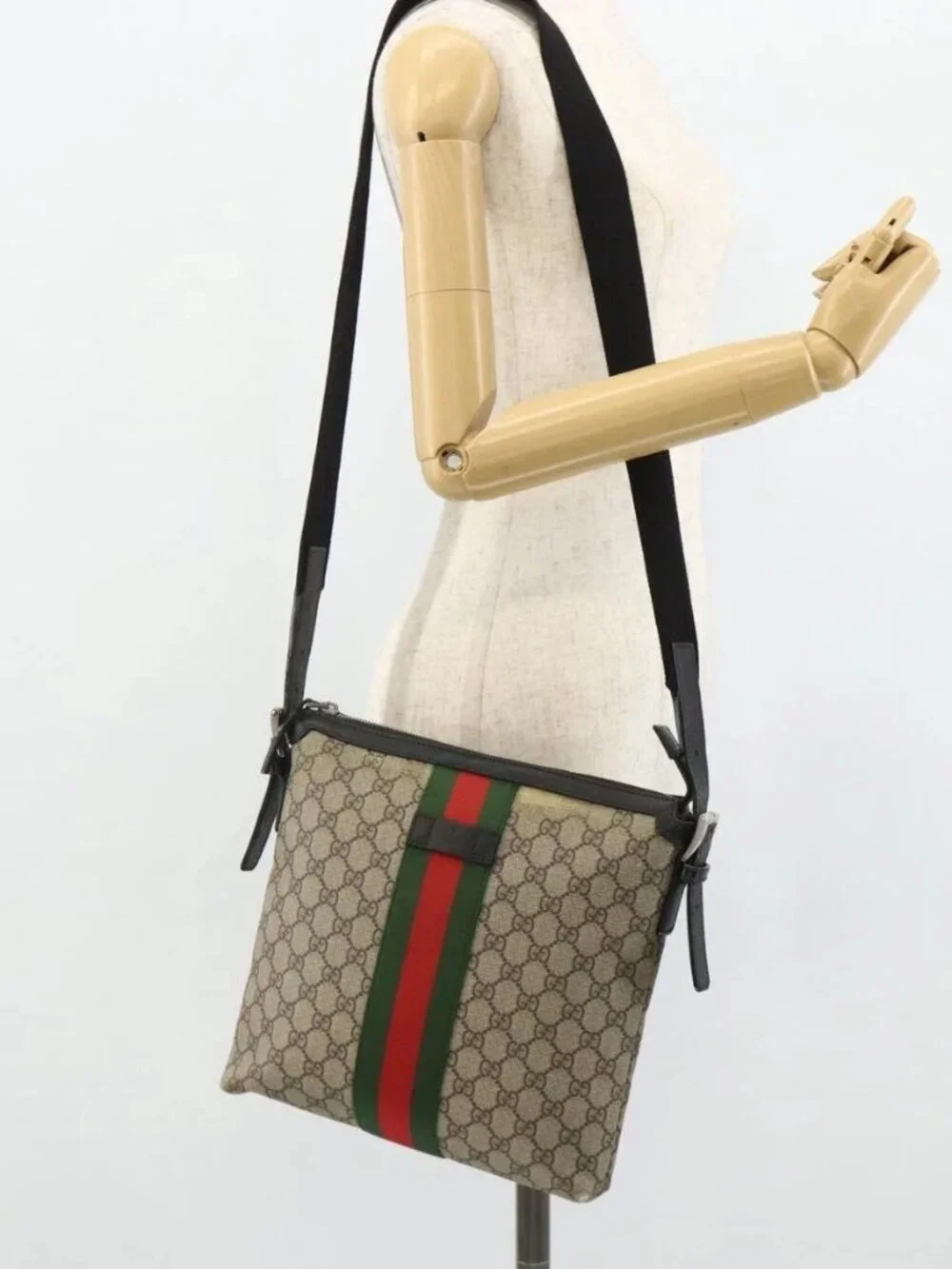 GUCCI GG Supreme Web Sherry Line Shoulder Bag PVC Beige Red 387111 Auth